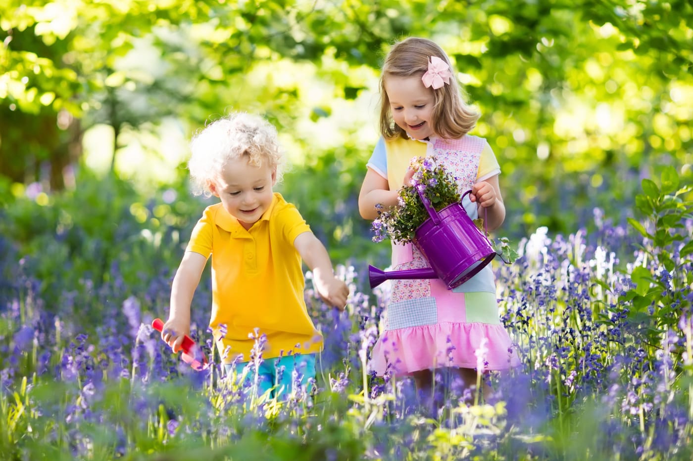 Two young children exploring a garden of purple bluebell flowers in the sunshine, one carrying a small watering can